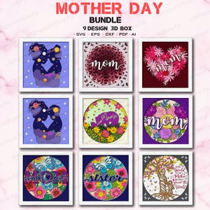 Könnte beinhalten: Ein Muttertags-Bundle mit neun 3D-Box-Designs. Die Designs enthalten die Wörter "Mama", "Mama" und "Schwester" in verschiedenen floralen und himmlischen Themen. Die Farbpalette umfasst Rosa, Lila, Blau und Gelb.