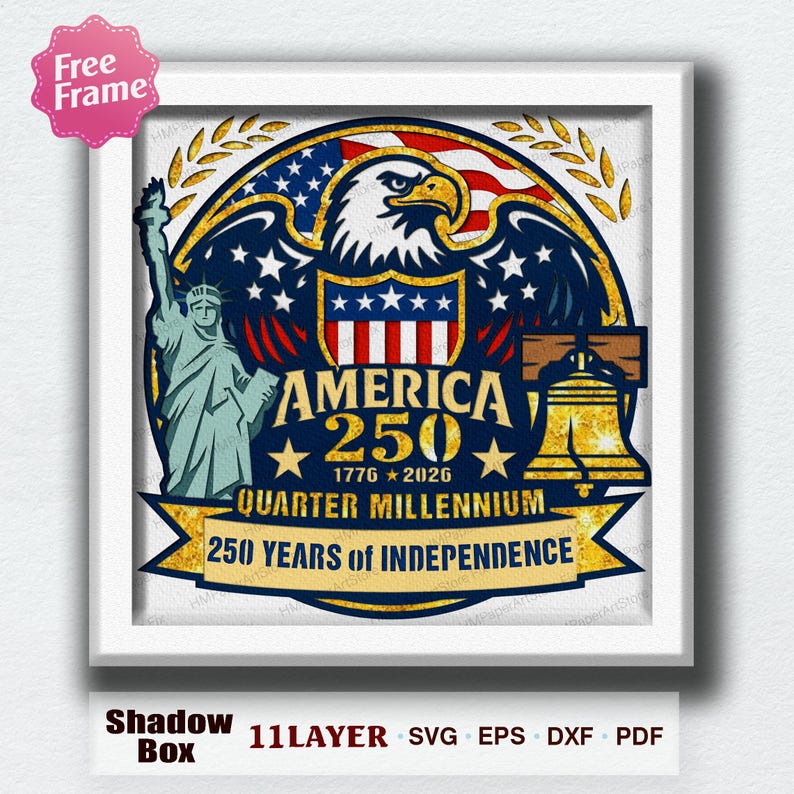 Pode incluir: Um design de caixa de sombra emoldurada com imagens patri&oacute;ticas. O design inclui uma &aacute;guia, a bandeira americana, a Est&aacute;tua da Liberdade e o Sino da Liberdade. O texto diz "AMERICA 250" e "250 YEARS OF INDEPENDENCE".