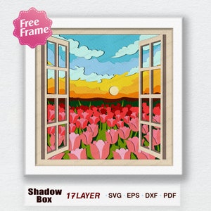 Champ de tulipes 3D Shadow Box Svg, tulipe Shadow Box, tulipe champ Light Box Svg, pour Cricut, tulipe champ 3D Box, cadeau Shadow Box, champ de tulipes SVG
