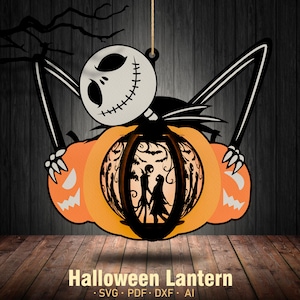 May include: A black and white silhouette of Jack Skellington from The Nightmare Before Christmas hanging from a pumpkin lantern. The lantern is orange and has a jack-o'-lantern face. The lantern is decorated with bats and other Halloween imagery.