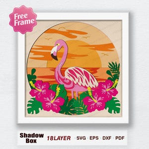 FLAMINGO Estate 3D Scatola Carta Tagliata Light Box Svg, Scatola Ombra Hawaiana Svg Cricut File Taglio Cricut, Fiore Tropicale Ombra Carta Tagliata