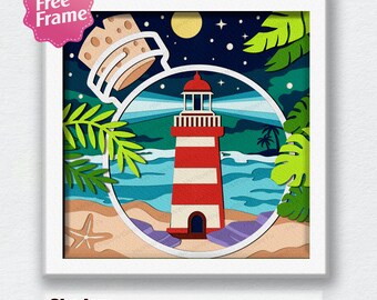 May include: A papercraft shadow box with a lighthouse in a bottle design. The lighthouse is red and white with a white roof. The bottle is clear and has a cork stopper. The background is a blue and green ocean scene with a beach and palm trees.