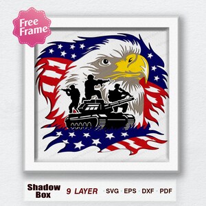 American Tank Eagle Soldier Shadow Box Svg, American Tank 3D Box, pour fichier Cricut, America Eagle svg, svg Tank, svg soldat, Tank Decor