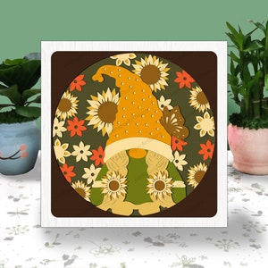 Gnomo girasol 3D caja de papel cortado caja de luz de verano Svg, caja de sombra de gnomo Svg archivo de corte Cricut, corte de papel de sombra de girasol de gnomo