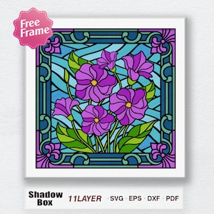 Fioletowe kwiaty Stojak szklany Shadow Box Svg, Fioletowe kwiaty Stojak szklany Light Box, Kwiaty Shadow Box, Dla Cricut, Fioletowe kwiaty SVG