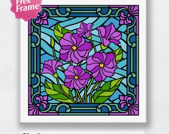 Violet Flowers Staned Glass Shadow Box Svg, Violet Flowers Staned Glass Light Box, Flowers Shadow Box, For Cricut, Violet Flowers SVG