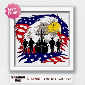 Silhouette de soldats de la marine américaine Shadow Box Svg, boîte 3D de soldat américain, pour fichier Cricut, America Eagle svg, svg soldats de la marine, décoration soldat