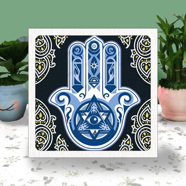 HAMSA Hand Evil Eye 3D Box, Paper Cut HAMSA Light Box Svg Hamsa Shadow Box Svg For Cricut File, Cricut Evil Eye Svg, Hamsa 3D mandala