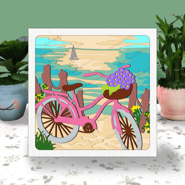 Beach Bicycle 3D Box, Bicycle Shadow Box Svg, Beach Light Box, For Cricut File, Beach Bicycle Shadow 3D Box, Bicycle 3D Box, Beach 3D Box