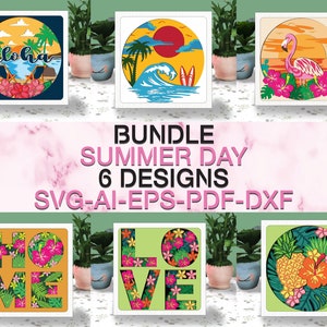 Bundle été 3D boîte papier découpé Svg, boîte hawaïenne ombre boîte Svg fichier Cricut coupe Cricut, fleur tropicale ombre ombre papier découpé