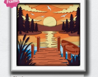 Lake Sunset Shadow Box, Cabin Lake Shadow Box Decor, Rustic Nature Wall Art, Forest Lake Layered Papercut Frame, Lake House Gift Idea /B45