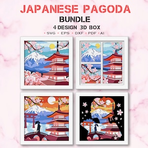 バンドル日本のパゴダウィンドウシャドウボックスSVG、日本の桜の3Dボックス、日本の風景SVG、Cricutファイル用、日本の寺院の装飾