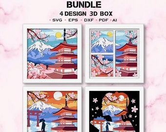 Paquete de caja de sombras de ventana de pagoda japonesa SVG, caja 3D de flores de cerezo japonesas, SVG de paisaje japonés, para archivo Cricut, decoración de templo japonés