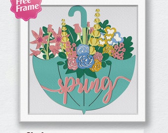 May include: A teal blue umbrella with a bouquet of colorful flowers inside. The word "spring" is written in pink inside the umbrella. The image is framed in white.