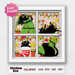 Cadre de fenêtre chat noir Noël Shadow Box svg, boîte 3D chat noir, chat Noël svg, pour fichier Cricut, cadre de fenêtre chat, décoration de Noël