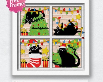 Fönsterram katt svart julskugglåda svg, svart katt 3D-låda, katt jul svg, för Cricut-fil, fönsterram katt, juldekoration