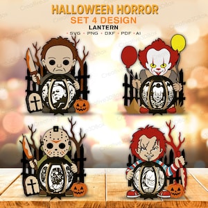 May include: A digital design set titled HALLOWEEN HORROR SET 4 DESIGN LANTERN featuring four cartoon horror characters with knives, balloons, tombstones, and pumpkins. The file formats listed are SVG, PNG, DXF, PDF, and AI. Each character holds a lantern.