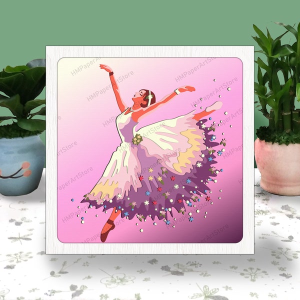 Bailarina bailarina caja 3D, caja de luz bailarina bailarina cortada en papel Proyecto de caja de sombras de bailarina svg, svg para archivo cricut, ballet 3D multicapa