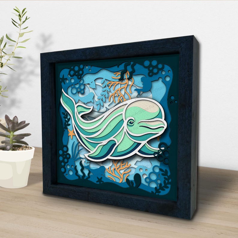 Beluga Whale Shadow Box SVG, Ocean Marine Layered Paper Cut Light Box ...