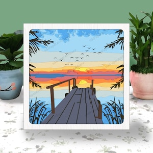 Sunset View by the Dock 3D Box, Dock Sunset Shadow Box Svg, Lake Light Box, para arquivo Cricut, Dock Sunset Shadow 3D Box, Landscape 3D Box