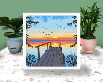 Sunset View by the Dock 3D Box, Dock Sunset Shadow Box Svg, Lake Light Box, For Cricut File, Dock Sunset Shadow 3D Box, Landscape 3D Box