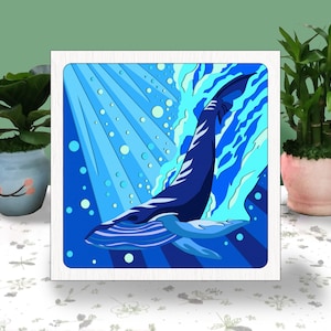 Caja 3D de ballenas con papel cortado de animales marinos, caja con sombras, archivo Cricut para cortar, papel cortado con sombras Cricut