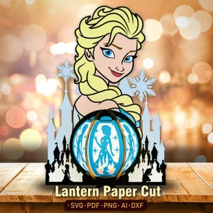 May include: A paper cut lantern featuring a cartoon character with blonde hair and blue eyes. The lantern has a blue and white design with silhouettes of the character. The base of the lantern is black, and the text "Lantern Paper Cut" is visible.