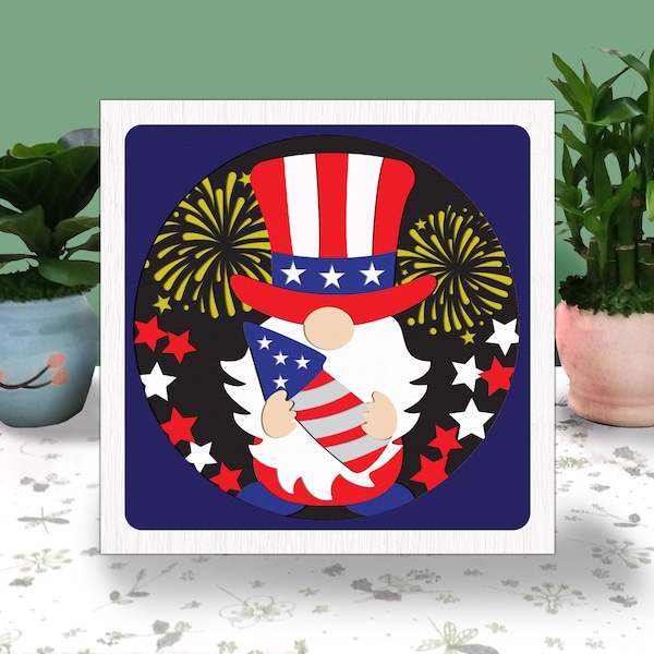 4th of July Gnome 3D Box Paper Cut Light Box Svg,PATRIOTIC Shadow Box Svg Cricut File Cutting Cricut, Independence day Shadow Paper Cut