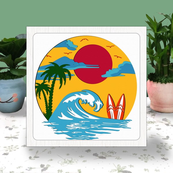 BEACH Summer 3D Box Paper Cut Light Box Svg, Summer Hawaiian Shadow Box Svg Cricut File Cutting Cricut, Summer Sunset Shadow Paper Cut