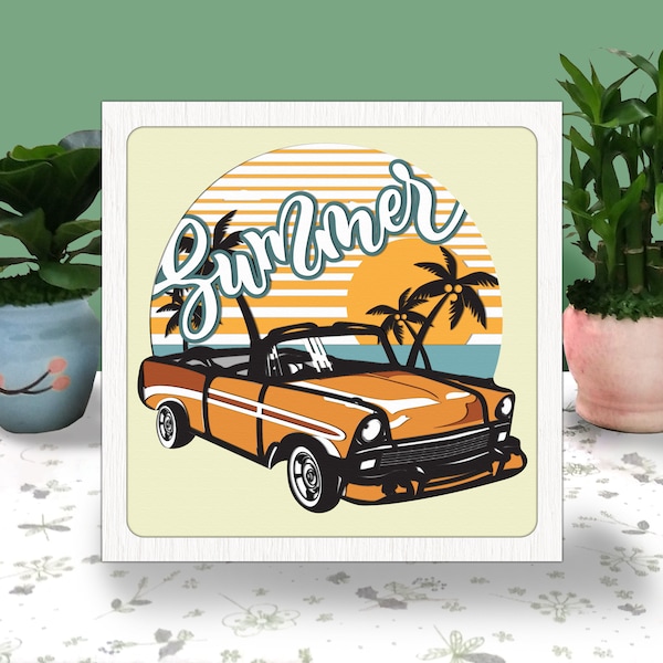 Truck Summer 3D Box Paper Cut Light Box Svg,Hawaiian Shadow Box Svg Cricut File Cutting Cricut, Tropical Flower Shadow Paper Cut