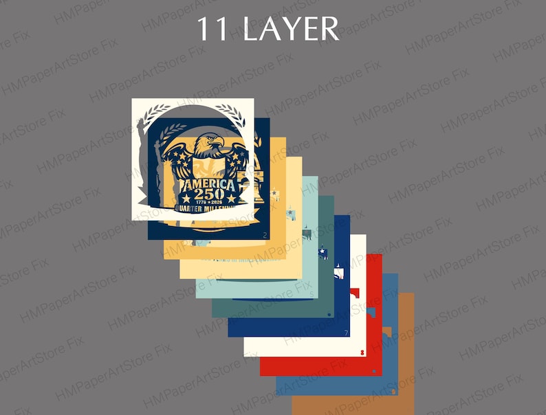 Pode incluir: Um design em camadas com o texto "11 LAYER" no topo. O design inclui uma imagem central com uma &aacute;guia, o texto "AMERICA 250 QUARTER MILLENNIUM" e v&aacute;rias formas retangulares coloridas em tons de azul, amarelo e vermelho.