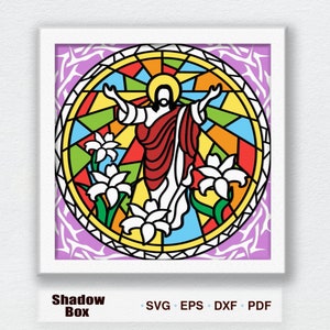 Svg de boîte d'ombre de vitrail de Pâques, boîte d'ombre de Jésus de Pâques, svg de boîte à lumière de vitrail de Pâques, décoration de Pâques, cadeau de Pâques, svg de Jésus de Pâques