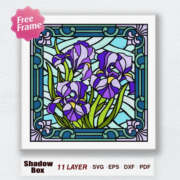 Blue Iris Stained Glass Shadow Box Svg, Blue Iris Stained Glass 3D Box, Stained Glass 3D Box, For Cricut, Blue Iris 3D Box, Blue Iris svg