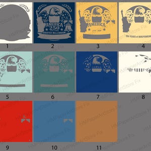 Pode incluir: Uma cole&ccedil;&atilde;o de designs quadrados com temas patri&oacute;ticos. Os designs incluem uma &aacute;guia, a Est&aacute;tua da Liberdade e texto como "America" e "250 Years of Independence". A paleta de cores inclui azul marinho, dourado e vermelho.