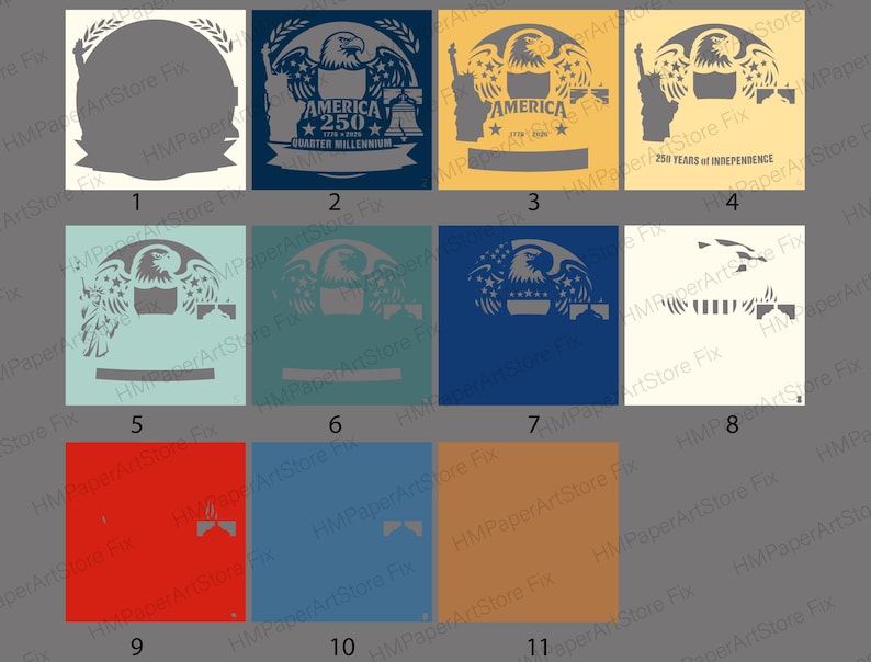 Pode incluir: Uma cole&ccedil;&atilde;o de designs quadrados com temas patri&oacute;ticos. Os designs incluem uma &aacute;guia, a Est&aacute;tua da Liberdade e texto como "America" e "250 Years of Independence". A paleta de cores inclui azul marinho, dourado e vermelho.