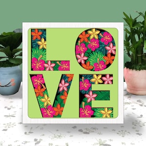 LIEFDE zomer 3D vak papier gesneden lichtbak Svg, Hawaiiaanse schaduw vak Svg Cricut bestand snijden Cricut, tropische bloem schaduw papier gesneden