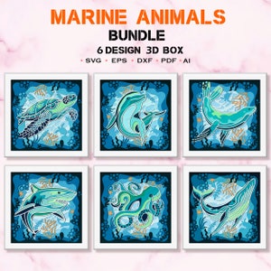 Paquete de animales marinos Shadow Box Svg, Caja 3D de pulpo marino, Animales marinos svg, Para archivo Cricut, Regalo de caja 3D, Decoración de tiburones marinos, Animales marinos SVG