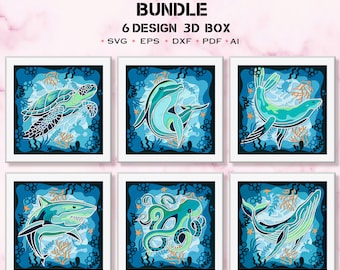 Puede incluir: Un paquete digital titulado MARINE ANIMALS BUNDLE 6 DESIGN 3D BOX que incluye seis ilustraciones cuadradas estilo papel recortado en capas de una tortuga marina, delfín, foca, tiburón, pulpo y ballena en tonos azules, turquesas y coral.