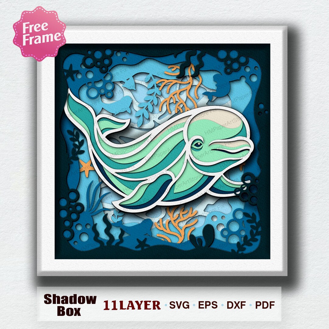 Beluga Whale Shadow Box SVG, Ocean Marine Layered Paper Cut Light Box ...