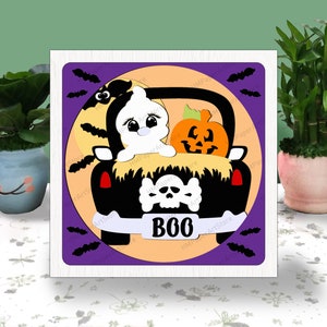 Halloween Boo Truck 3D Box Paper Cut, Halloween Truck Light Box Svg, Gnomi Christmas Shadow Box, Svg per Cricut File, Cartoncino Svg, Zucca