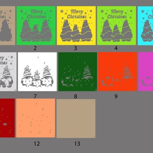 以下が含まれることがあります： クリスマスカードのデザインの13種類の異なる色のバリエーションのデジタルコラージュ。デザインは、ライトが付いたスタイリッシュなクリスマスツリー3本と「メリークリスマス」の文字が特徴です。