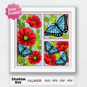 Mohnblume und Bufterfly Shadowfly Box svg, Mohnblume und Bufterfly 3D Box, für Cricut, 3D Box Geschenk, 3D Box Geschenk Mohnblume Blumendekor