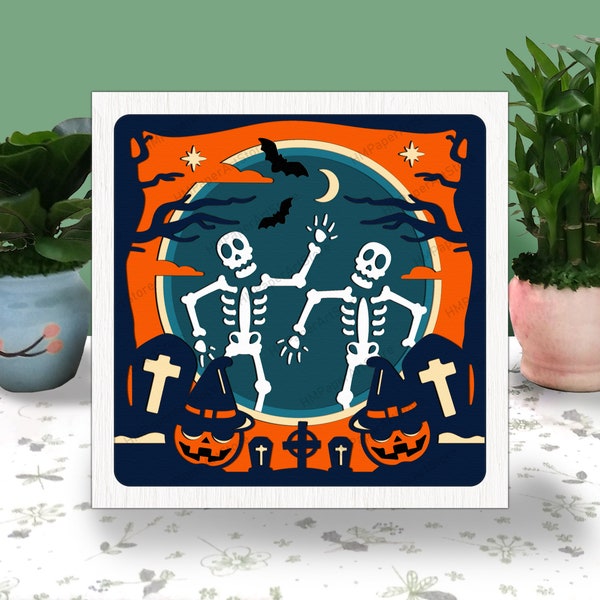 Dancing Skeleton 3D Box Paper Cut, Dancing Skeleton Light Box Svg, Halloween Shadow Box, Svg For Cricut File, Halloween Cardstock Svg