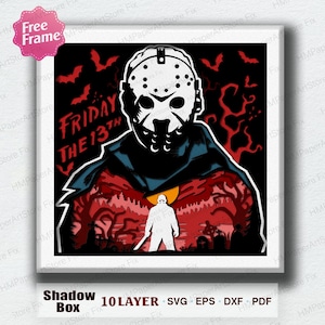 May include: A black and red shadow box design featuring the iconic hockey mask of Jason Voorhees from Friday the 13th. The design includes bats, trees, and the text "FRIDAY THE 13TH".