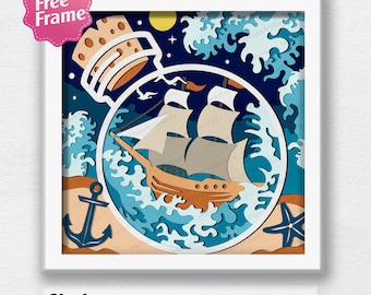 Zeilschip in fles Shadow Box svg, in fles SVG, in fles 3D-doos, voor Cricut-bestand, zeilschip svg, zee 3D svg, decor zeilschip
