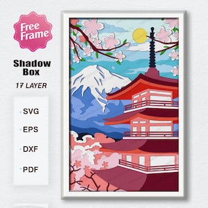 日本のお寺のシャドーボックス SVG、日本の桜の 3D ボックス、日本の風景ライトボックス、Cricut ファイル用、日本の仏塔の装飾