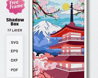 Caja de sombras de templo japonés (SVG), caja 3D de flores de cerezo japonesas, caja de luz de paisaje japonés, para archivo Cricut, decoración de pagoda japonesa