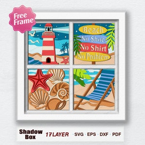 Okno Plaża Cień Box Svg, Plaża Cień Box, Morze 3D Svg, Latarnia morska Svg, Dla pliku Cricut, 3D Box Seashells, Prezent na plażę, Dekoracja plażowa