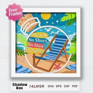Könnte beinhalten: Eine mehrschichtige Schattenbox aus Papier mit einer Strandszene. Die Szene zeigt einen Strandstuhl, eine Flasche mit einem Korken und ein Schild mit der Aufschrift "Strand Keine Schuhe Kein Shirt Kein Problem".
