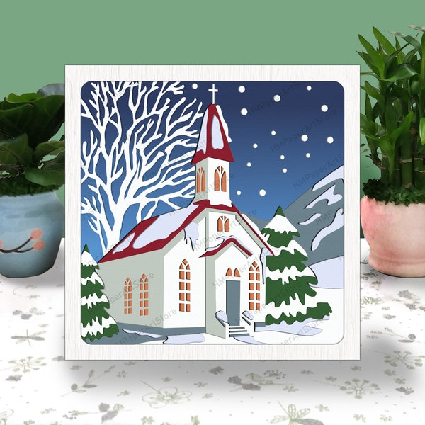 Winter Church 3D Box Paper Cut, Winter Church Light Box Svg, Winter Church Shadow Box, Svg For Cricut File, Cardstock Svg, Cricut Files